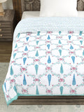 Cotton Single Size Quilt/ Rajai Hand Block Print for Light Winters (150x225 cm) (Turq Patti)