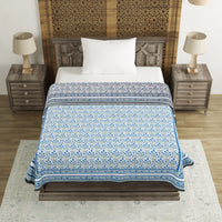 BLOCKS OF INDIA Hand Block Printed Cotton Summer Single Size Reversible Printed Malmal Dohar Blue Grey Jaal