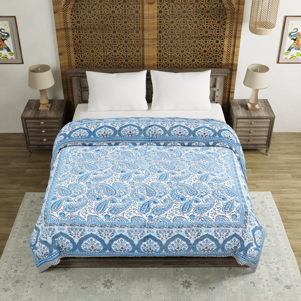 BLOCKS OF INDIA Hand Block Printed Cotton King Size Quilt (Blue GAD Paisley)