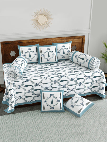 BLOCKS OF INDIA Diwan Set Cotton 8 Piece | Deewan Printed Bedsheet Sets for Living Room Hall (Set of 8 Piece, 1-Bed Sheet | 2-Bolster Cover | 5-Cushion Cover (Grey Patti)