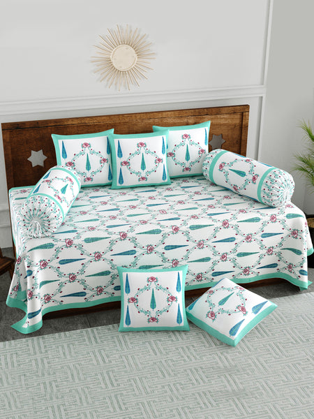 BLOCKS OF INDIA Diwan Set Cotton 8 Piece | Deewan Printed Bedsheet Sets for Living Room Hall (Set of 8 Piece, 1-Bed Sheet | 2-Bolster Cover | 5-Cushion Cover (Turq Patti)