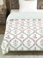 Cotton Single Size Quilt/ Rajai Hand Block Print for Light Winters (150x225 cm) (Green bel)