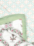 Cotton Single Size Quilt/ Rajai Hand Block Print for Light Winters (150x225 cm) (Green bel)