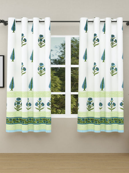 BLOCKS OF INDIA Hand Block Printed Cotton Daylight Curtains with Eyelets(Set of 2 Curtains) (Green PAAN, Window / 153 cm)