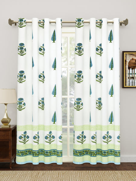 BLOCKS OF INDIA Hand Block Printed Cotton Daylight Curtain with Eyelets(Set of 2 Curtains) (Flower 214 cm / Door)