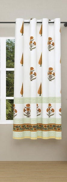 BLOCKS OF INDIA Hand Block Printed Cotton Daylight Curtains with Eyelets(Set of 2 Curtains) (Green PAAN, Window / 153 cm)