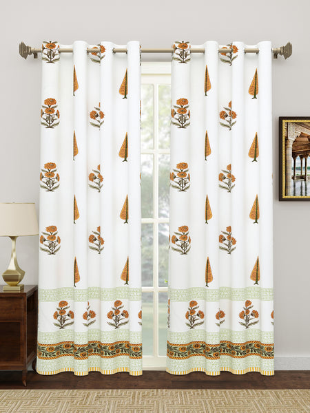 BLOCKS OF INDIA Hand Block Printed Cotton Daylight Curtain with Eyelets(Set of 2 Curtains) (Flower 214 cm / Door)