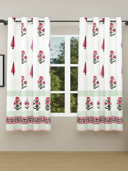 BLOCKS OF INDIA Hand Block Printed Cotton Daylight Curtains with Eyelets(Set of 2 Curtains) (Green PAAN, Window / 153 cm)