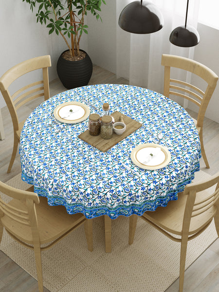 BLOCKS OF INDIA Cotton Hand Block Printed 180 Cm Round Table Cloth (Blue Jaal)