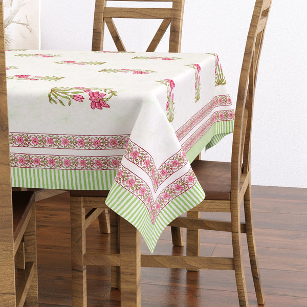 Pure Cotton Table Cloth Rajasthani Hand Block Printed (GREEN PINK BUTA)