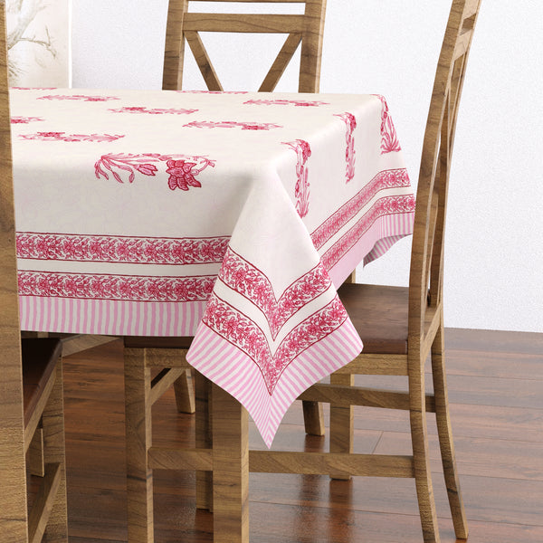 PURE COTTON RAJASTHANI HAND BLOCK PRINT SIX SEATER TABLE CLOTH (LIGHT PINK FLORAL)