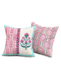 Hand Block Printed Cotton Linen Cushion Cover (40 x 40 cm) Dye Turq PInk Half