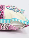 Hand Block Printed Cotton Linen Cushion Cover (40 x 40 cm) Dye Turq PInk Half