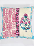 Hand Block Printed Cotton Linen Cushion Cover (40 x 40 cm) Dye Turq PInk Half