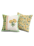 Hand Block Printed Cotton Linen Cushion Cover (40 x 40 cm) Dye Green Yellow Half