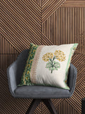 Hand Block Printed Cotton Linen Cushion Cover (40 x 40 cm) Dye Green Yellow Half