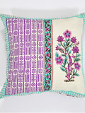 Hand Block Printed Cotton Linen Cushion Cover (40 x 40 cm) Dye Purple Turq Half