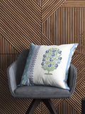 Hand Block Printed Cotton Linen Cushion Cover (40 x 40 cm) (Green Blue Half)