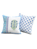 Hand Block Printed Cotton Linen Cushion Cover (40 x 40 cm) (Green Blue Half)