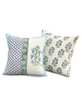 Hand Block Printed Cotton Linen Cushion Cover (40 x 40 cm) Dye Blue Green Half