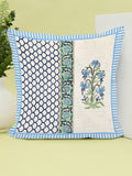 Hand Block Printed Cotton Linen Cushion Cover (40 x 40 cm) Dye Blue Green Half