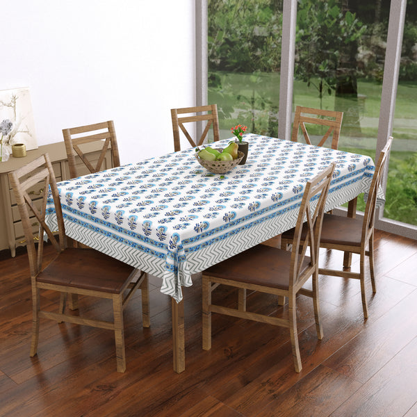 Pure Cotton Table Cloth Rajasthani Hand Block Printed (BLUE GREY BUTI)