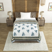Cotton Single Size Quilt Hand Block Print for Light Winters (150x225 cm) (Grey Yellow Buti)