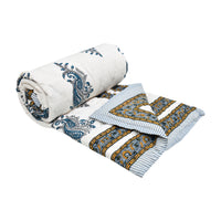 Cotton Single Size Quilt Hand Block Print for Light Winters (150x225 cm) (Grey Yellow Buti)