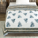 Cotton Single Size Quilt Hand Block Print for Light Winters (150x225 cm) (Grey Yellow Buti)