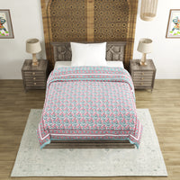 Cotton Single Size Quilt Hand Block Print for Light Winters (150x225 cm) (Turq Pink Jaal)