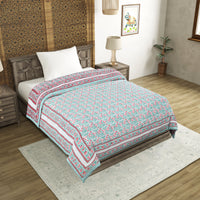 Cotton Single Size Quilt Hand Block Print for Light Winters (150x225 cm) (Turq Pink Jaal)