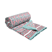 Cotton Single Size Quilt Hand Block Print for Light Winters (150x225 cm) (Turq Pink Jaal)