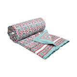 Cotton Single Size Quilt Hand Block Print for Light Winters (150x225 cm) (Turq Pink Jaal)