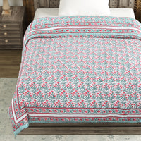 Cotton Single Size Quilt Hand Block Print for Light Winters (150x225 cm) (Turq Pink Jaal)
