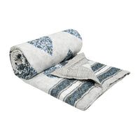 Cotton Single Size Quilt Hand Block Print for Light Winters (150x225 cm) (Blue Grey Paan)
