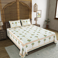 BLOCKS OF INDIA Hand Block Printed Cotton Super King Size Bedsheet(270 x 270) (Green Brown Tree))