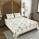 BLOCKS OF INDIA Hand Block Printed Cotton Super King Size Bedsheet(270 x 270) (Green Brown Tree))