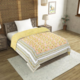 Cotton Single Size Quilt Hand Block Print for Light Winters (150x225 cm) (Green Gad Buti)