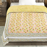 Cotton Single Size Quilt Hand Block Print for Light Winters (150x225 cm) (Green Gad Buti)