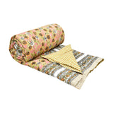 Cotton Single Size Quilt Hand Block Print for Light Winters (150x225 cm) (Green Gad Buti)