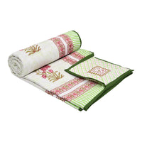 BLOCKS OF INDIA Hand Block Printed Cotton Summer Single Size Reversible Printed Malmal Dohar Green Leaf