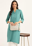 BLOCKS OF INDIA Cotton Hand Solid Long Kurti for Women Solid Green
