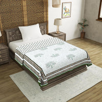BLOCKS OF INDIA Hand Block Printed Cotton Summer Single Size Reversible Printed Malmal Dohar Green Yellow Tree