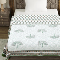 BLOCKS OF INDIA Hand Block Printed Cotton Summer Single Size Reversible Printed Malmal Dohar Green Yellow Tree