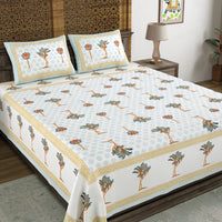 BLOCKS OF INDIA Hand Block Printed Cotton Super King Size Bedsheet(270 x 270) (Grey Brown Tree)