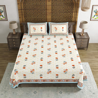 BLOCKS OF INDIA Hand Block Print Cotton King Size Bedsheet Grey Orange Flower