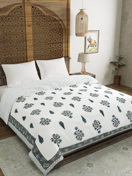 BLOCKS OF INDIA Hand Block Printed Cotton King Size Quilt (Grey Rose)