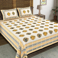 King Size Pure Cotton Hand Block Print Bedsheet (YELLOW GREY ROSE)