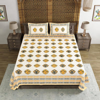 King Size Pure Cotton Hand Block Print Bedsheet (YELLOW GREY ROSE)