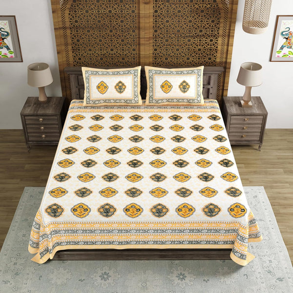 King Size Pure Cotton Hand Block Print Bedsheet (YELLOW GREY ROSE)